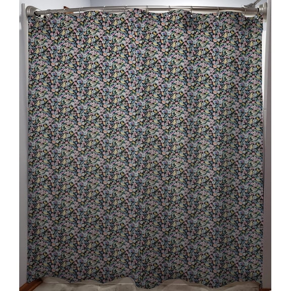 Birds & Butterflies in Blooms Shower Curtain by Penny's Needful Things (Black)