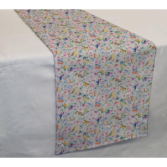 Birds & Butterflies in Blooms Table Runner by Penny's Needful Things (3 Feet Long - STRAIGHT) (White)