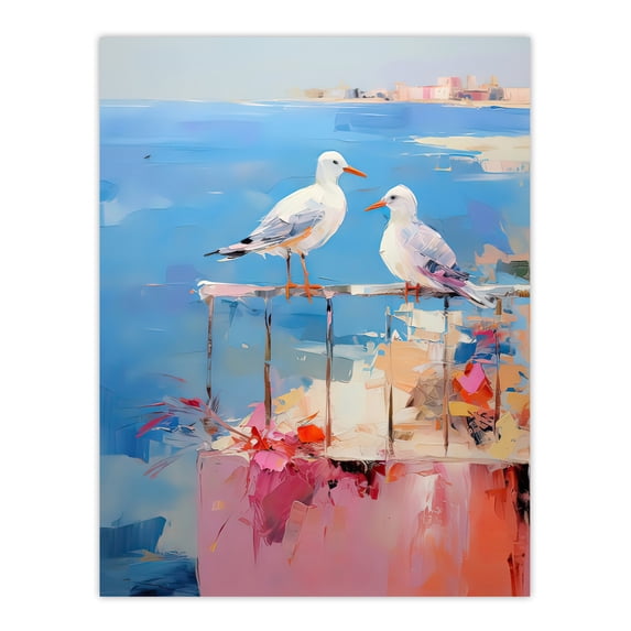 Birds By the Beach Abstract Oil Painting Blue Pink Orange Bathroom Artwork Seagulls on Railing Unframed Wall Art Print Poster Home Decor Premium