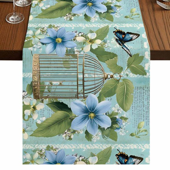 Birds Cage 48 Inch Table Runner, Spring Botanical Blue Floral Farmhouse Dresser Scarf Cotton & Linen Tablerunner for Dining/Kitchen Island/Holiday Party Décor 13" x 48"