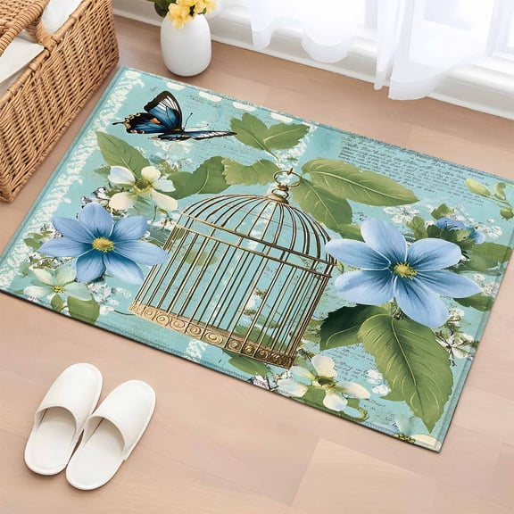 Birds Cage Bathroom Rug Washable 2x3 Entryway Rug Non Slip Spring Botanical Blue Floral Front Door Mat Low Pile Indoor Doormat Throw Floor Carpet for Kitchen Bedroom Entrance