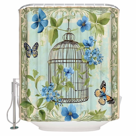 Birds Cage Bathroom Shower Curtains with 12 Hooks Polyester Waterproof Shower Curtain for Stalls and Bathtubs Green Botanical Blue Floral Decorative Bathroom Privacy Curtain 36x72 Inches