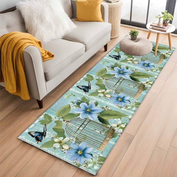 Birds Cage Kitchen Runner Rug 2x6 Washable Runners for Hallway Non Slip Spring Botanical Blue Floral Large Area Rug Indoor Floor Carpet for Bathroom Laundry Entryway Bedroom Living Room