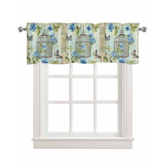 Birds Cage Kitchen Valances for Windows Farmhouse Linen Window Valance Curtain for Living Room Window Treatment Green Botanical Blue Floral Valance Rod Pocket Topper Drape, 54 x 18 Inch