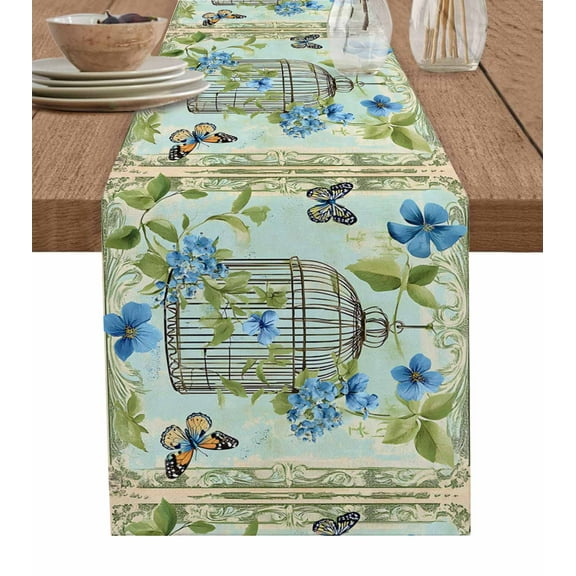 Birds Cage Table Runner 36 Inches, Green Botanical Blue Floral Bed Runner Dresser Scarves Tabletop for Indoor Outdoor Parties/Ceremony/Banquet, 13"x 36"