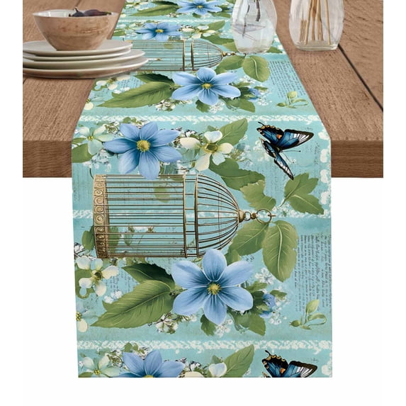 Birds Cage Table Runner Cotton Linen 48 Inch Holiday Dresser Scarves, Spring Botanical Blue Floral Tablerunner for Kitchen Coffee Dining Bedroom Home Living Room Dinner Scarf Décor 13''x48''