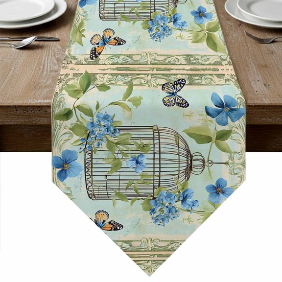 Birds Cage Table Runner Linen Burlap Table Runner 36 Inches Small Green Botanical Blue Floral Dresser Scarves for Kitchen Island Coffee Dining Room Party Wedding Banquet Holiday Decoration 13"x36"