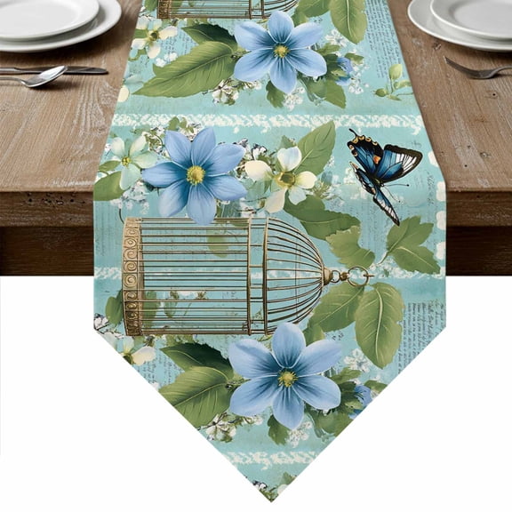 Birds Cage Table Runner Linen Burlap Table Runner 36 Inches Small Spring Botanical Blue Floral Dresser Scarves for Kitchen Island Coffee Dining Room Party Wedding Banquet Holiday Decoration 13"x36"