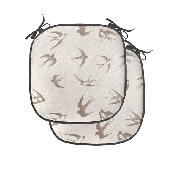 Birds Chair Seating Cushion Set of 2, Flying Bird Swallow Vintage Design Illustration Springtime Wildlife Classic Art, Seat Pads for Office with Anti-slip Backing, 16"x16", Beige Brown, by Ambesonne