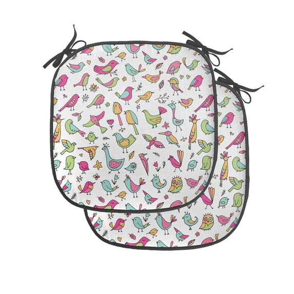 Birds Chair Seating Cushion Set of 4, Doodle Illustration of Animal Floral Details, Seat Pads for Office with Anti-slip Backing, 16"x16", Multicolor, by Ambesonne