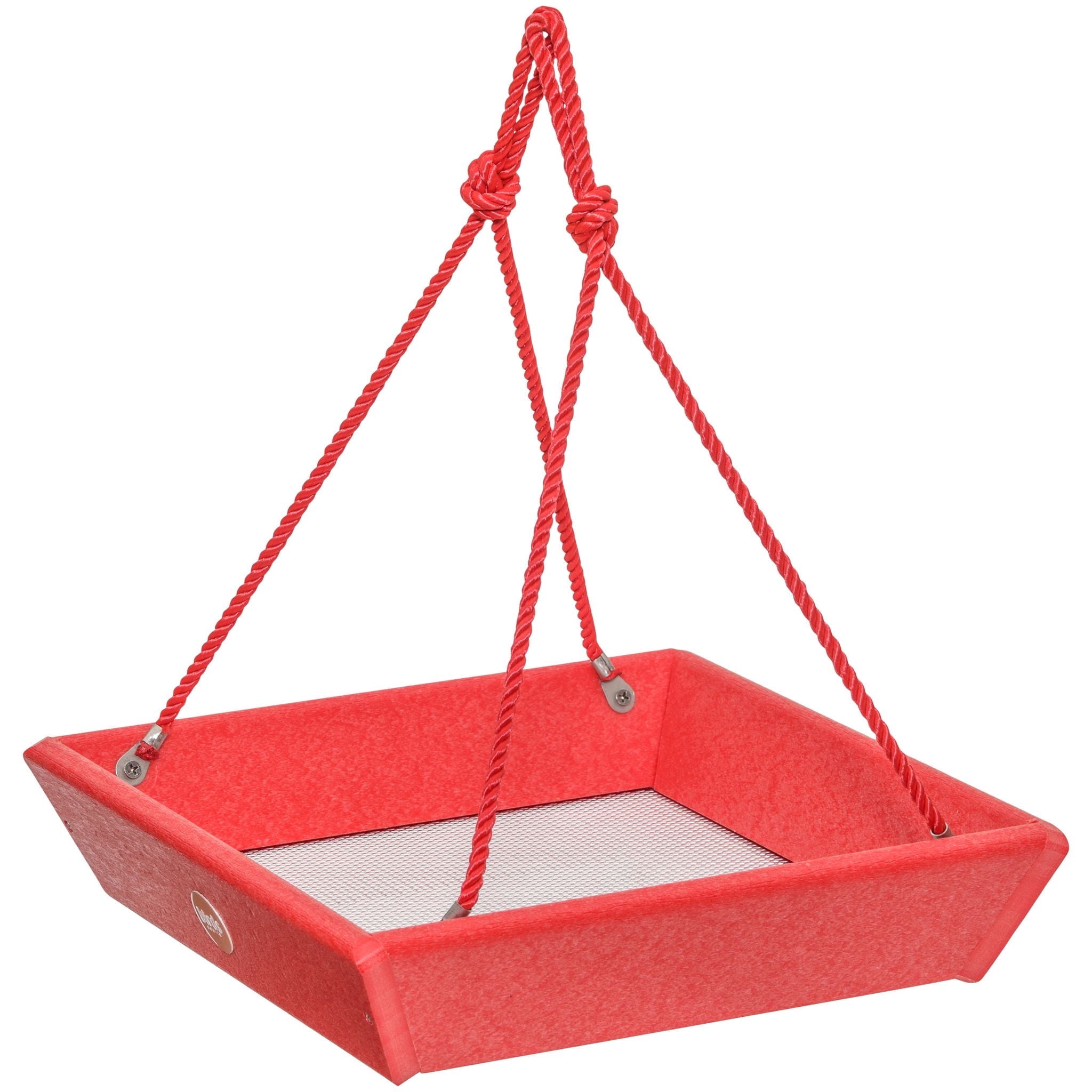 Red Recycled Plastic Hanging Tray Bird Feeder with Stainless Steel Mesh