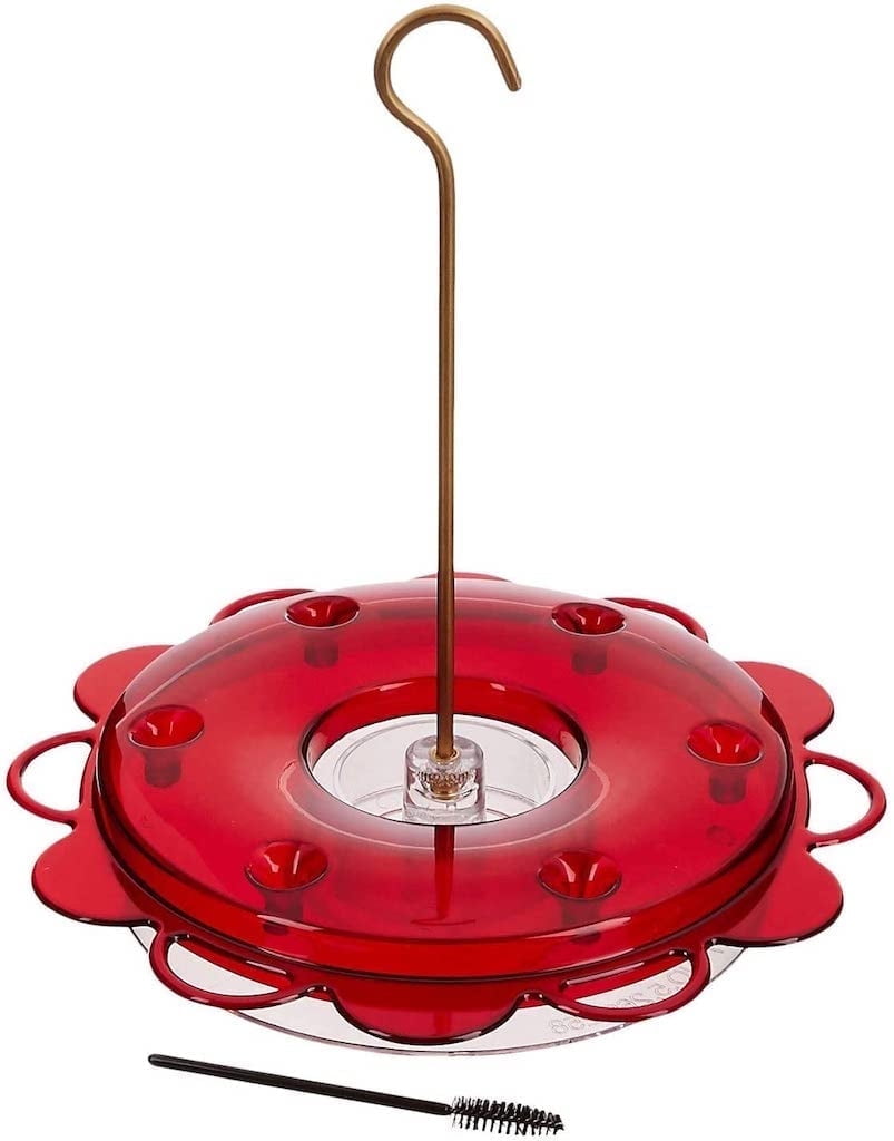 Clear and Red Hanging Polycarbonate Hummingbird Feeder with Brass Rod