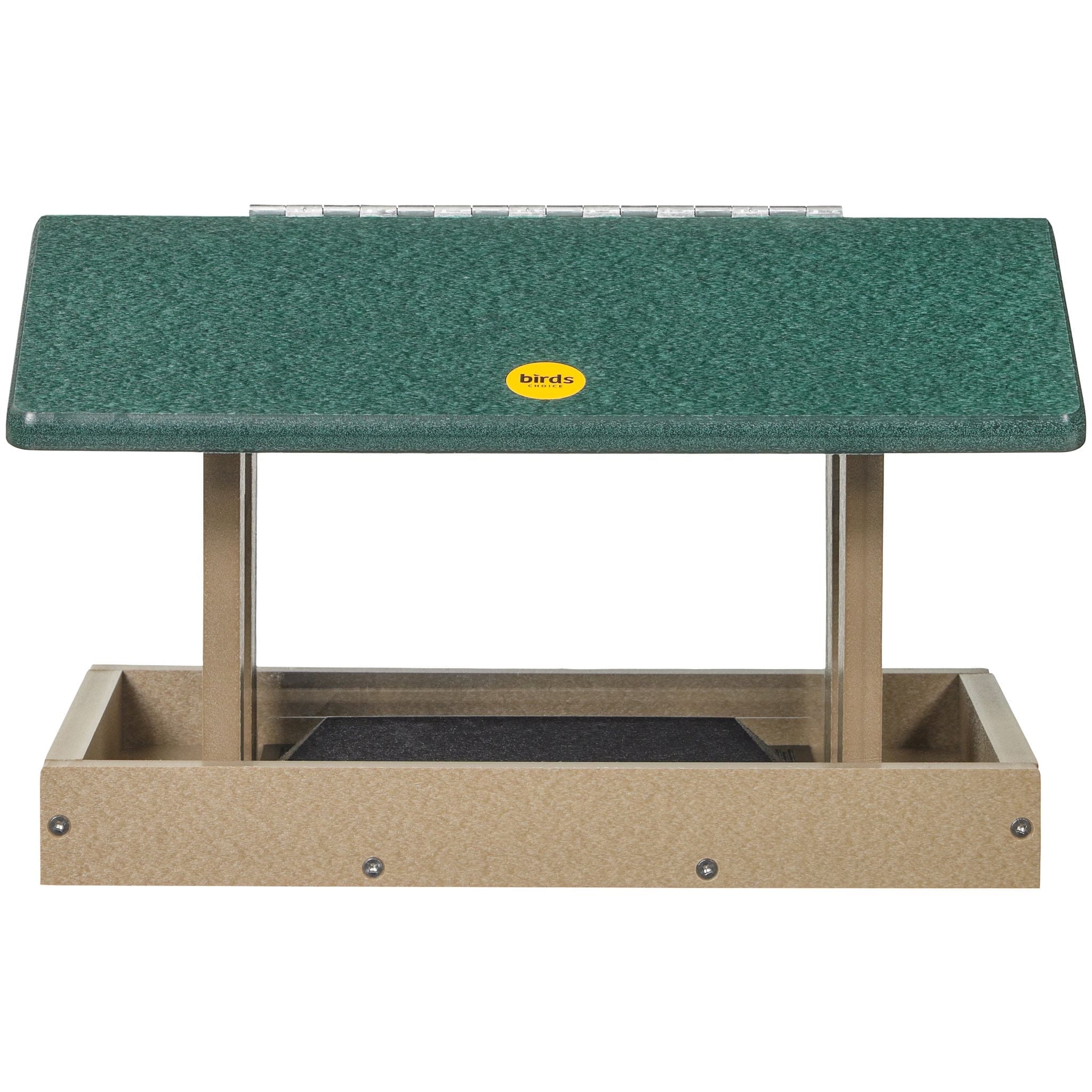 Birds Choice 9" Medium Recycled Plastic Mounted Hopper 4-Sided Bird Feeder, Tan/Green