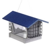 Birds Choice Solutions Recycled Plastic Medium Hopper Bird Feeder with Suet Cages, Gray w/Blue Roof