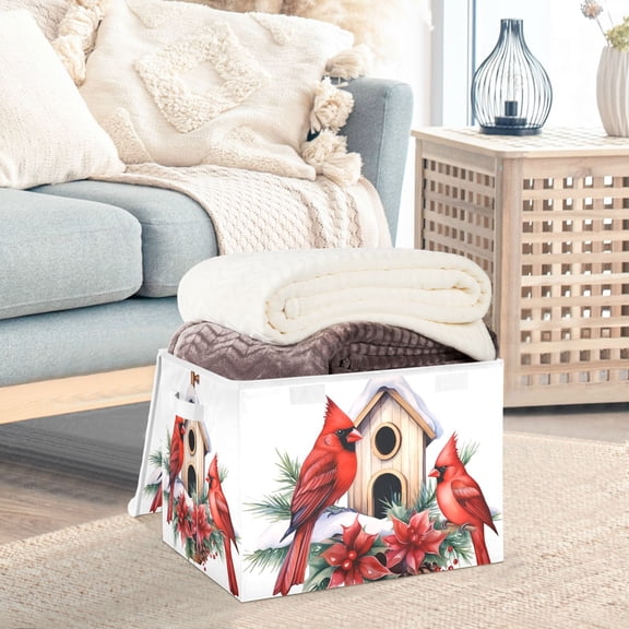 Birds Christmas Pines Storage Basket Foldable Laundry Basket Shelf Kids Toy Storage Container Organizer with Handles
