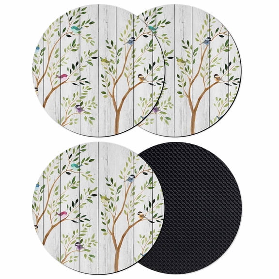 Birds Coasters Set of 4, Absorbent Coasters for Drinks, Spring Branch Leaves Animals Country Wooden Grain Coaster for Desk Coffee Table Protection, Home Decor House Warming Gifts 4"