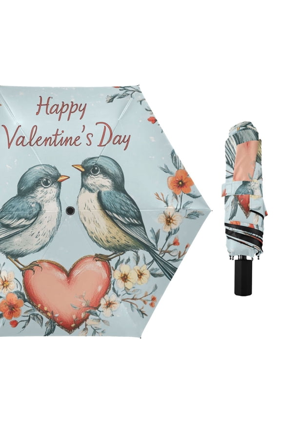 Birds Couple Hearts Florals Valentine All Weather Umbrella Triple Folding Parasol 6 Ribs UV Protection Portable
