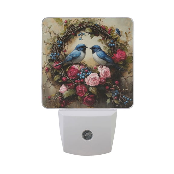 Birds Couple on Roses Garland Valentine LED Night Light with Smart Sensor Plug Into Wall Dusk to Dawn 2 packs