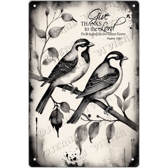 Birds Decor Give Thanks to The Lord for He is Good; His Love Endures Forever. Psalms 136:1 Metal Signs Vintage Aluminum Sign Decorative Outdoor Backyard Decor, Metal Wall Sign 12x8 inch