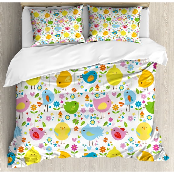 Birds Duvet Cover Set, Colorful Spring Animals Art for Nature Design Pattern Colorful Composition Print, Decorative 3 Piece Bedding Set with 2 Pillow Shams, King Size, Multicolor, by Ambesonne