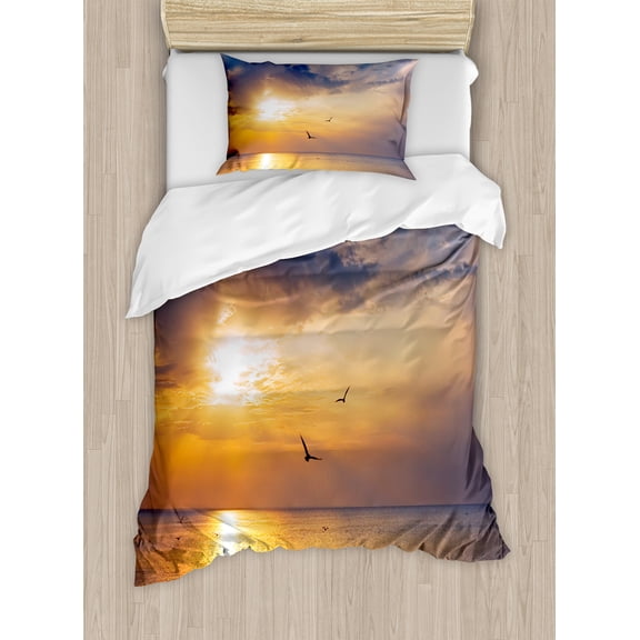 Birds Duvet Cover Set, Early Morning Sunrise over the Ocean and a Bird Horizon Nature Panoramic View, Decorative 2 Piece Bedding Set with 1 Pillow Shams, Twin Size, Blue and Orange, by Ambesonne