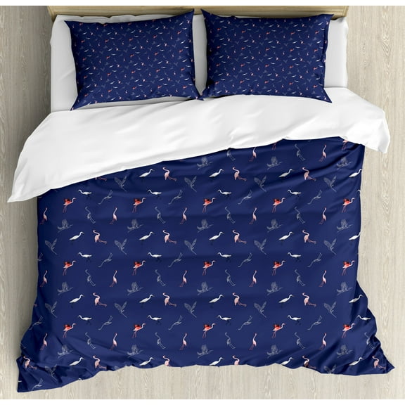 Birds Duvet Cover Set King Size, Minimal Pattern of Tropical Animals with Wings Heron Flamingo Print, Decorative 3 Piece Bedding Set with 2 Pillow Shams, Dark Indigo Rose and White, by Ambesonne