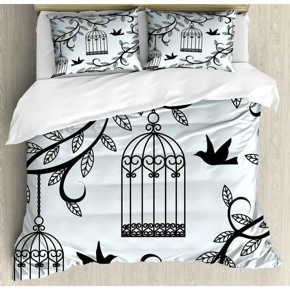 Birds Duvet Cover Set, Ornate Cages Branch of Tree Silhouette and Animals Floral Modern Print, Decorative 3 Piece Bedding Set with 2 Pillow Shams, King Size, Blue Black, by Ambesonne