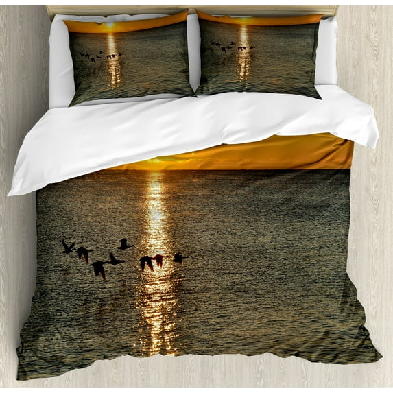 Birds Duvet Cover Set, Silhouettes of Canadian Geese Flying over a Lake at Sunrise Romantic Scenery, Decorative 3 Piece Bedding Set with 2 Pillow Shams, Queen Size, Orange and Grey, by Ambesonne