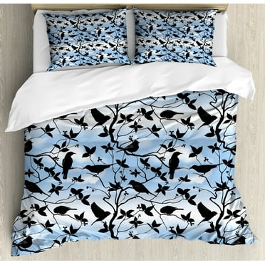 Birds Duvet Cover Set, Silhouettes of Hummingbirds Flying Crows on Tree Branches Swallow, Decorative 3 Piece Bedding Set with 2 Pillow Shams, Calking Size, Pale Azure Blue and Black, by Ambesonne