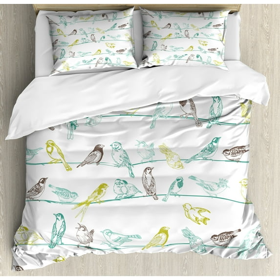 Birds Duvet Cover Set, Various Type of Birds Sitting and Chirping on Wires Musical Creatures Print, Decorative 3 Piece Bedding Set with 2 Pillow Shams, Calking Size, Pale Green Brown, by Ambesonne