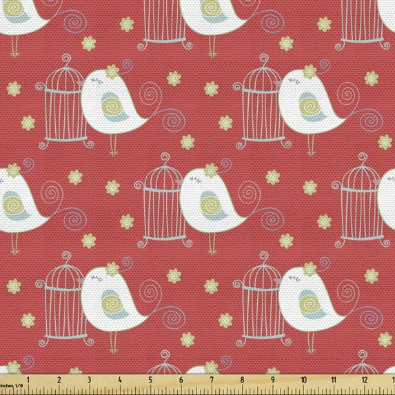 Birds Fabric by the Yard, Doodle Cages Flower Warm Toned Illustration Avian Animals and Flora Theme, Decorative Upholstery Fabric for Sofas and Home Accents, Dark Coral and Ivory by Ambesonne