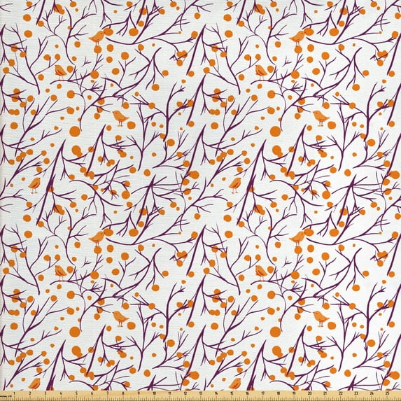 Ambesonne Birds Fabric by the Yard Upholstery, Round Blobs Birds on Branches, 5 Yards, Orange Plum and White