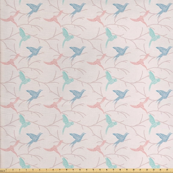 Ambesonne Birds Fabric by the Yard Upholstery, Flying Bird Branches Graphic, 3 Yards, Pale Rose Pale Seafoam