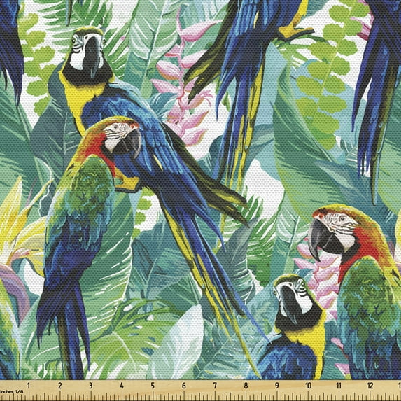 Ambesonne Birds Fabric by the Yard Upholstery, Scarlet Macaw Parrots, 10 Yards, Multicolor
