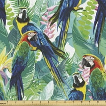 Birds Fabric by the Yard, Portrayal Illustration of Scarlet Macaw Parrots Among Exotic Plants in the Jungle, Decorative Upholstery Fabric for Chairs & Home Accents, 2 Yards, Multicolor by Ambesonne