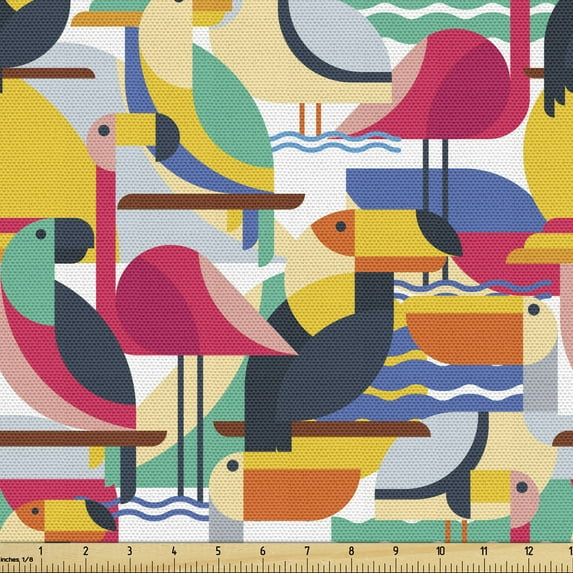 Ambesonne Birds Fabric by the Yard Upholstery, Toucan and Flamingos, 3 Yards, Multicolor