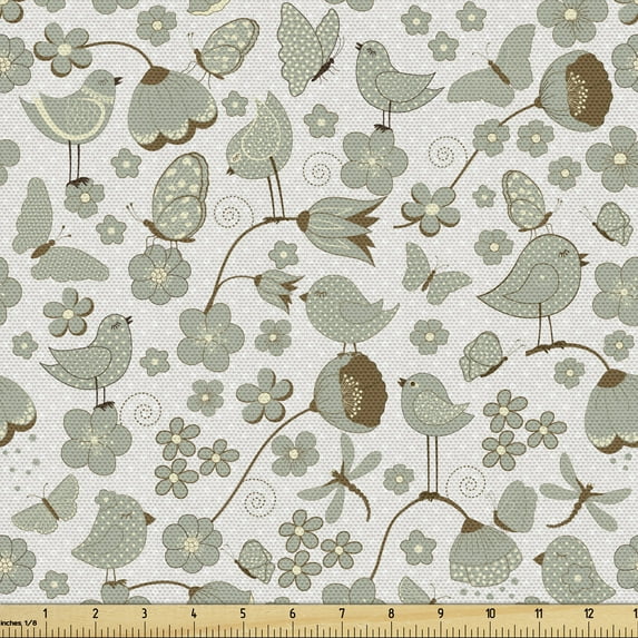 Ambesonne Birds Fabric by the Yard Upholstery, Summery Flying Birds, 5 Yards, Pale Sage Green and Grey