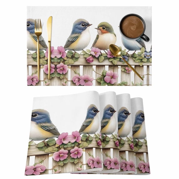 Birds Fence Placemats Set of 8, Spring Floral Non-Slip Place Mats Washable Table Mats for Kitchen Dining Table Decorations Indoor/Outdoor