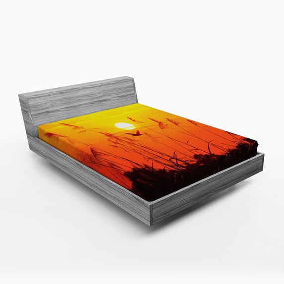 Ambesonne Nature Fitted Sheet, Flying Birds at Dusk, Queen Size, Yellow Red
