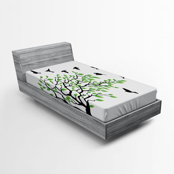 Ambesonne Silhouette Fitted Sheet, Flying Spring Peace Art, Twin Size, White Black Green
