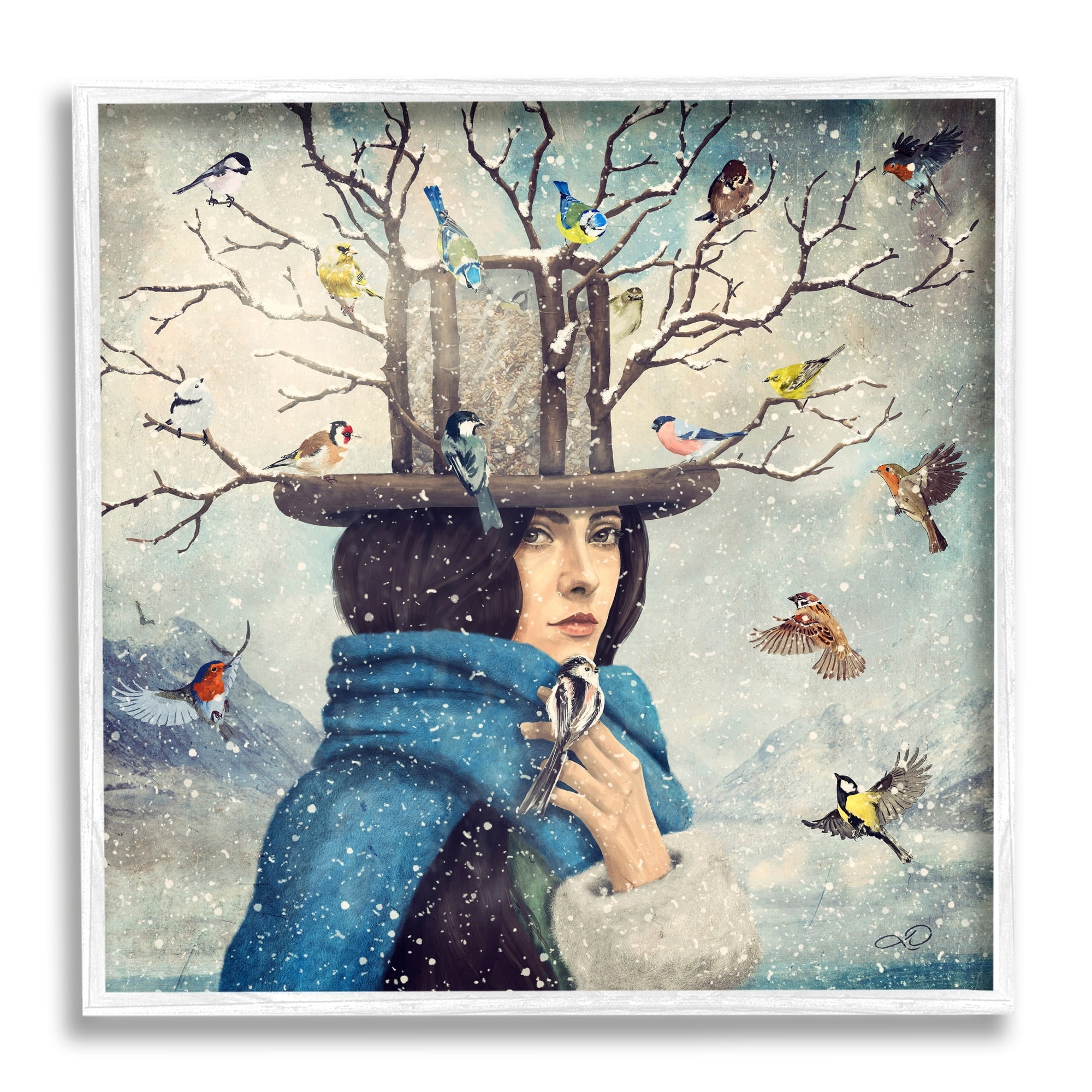 Birds Flocking Tree Hat Blue Scarf Winter Snow Animals & Insects Painting Framed Art Print Wall Art