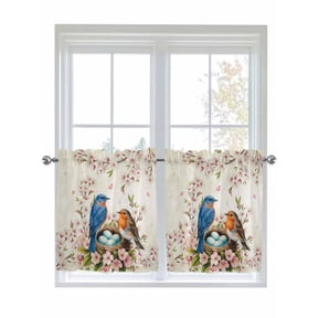 Birds Floral 2 Panel Kitchen Curtains for Small Windows, Farmhouse Vintage Pink Flower Leaf Bathroom Tier Curtain, Short Window Treatment for Bedroom/Living Room 55"x24"