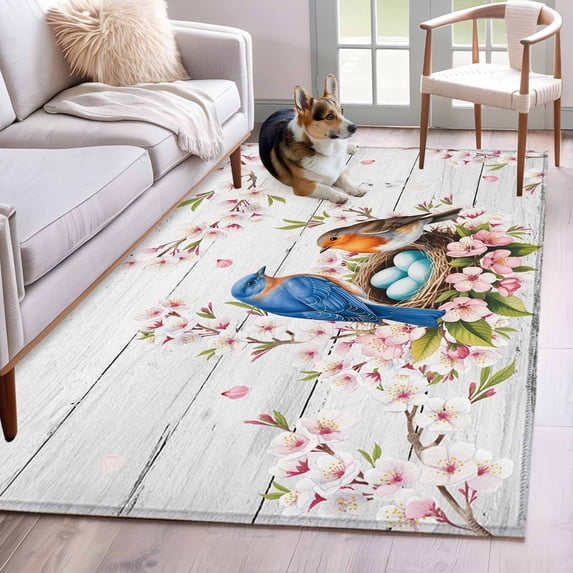 Birds Floral Area Rugs 4'x6', Washable Small Throw Rugs for Office Bathroom, Farmhouse Country Pink Flower Leaf Wood Grain Indoor Outdoor Rug Non-Slip Low Pile Carpet Runner Reversible Floor Mats