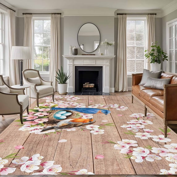 Birds Floral Area Rugs 8'x10', Washable Small Throw Rugs for Living Room Patio, Farmhouse Pink Flower Leaf Wood Grain Brown Indoor Outdoor Rug Non-Slip Low Pile Carpet Runner Reversible Floor Mats