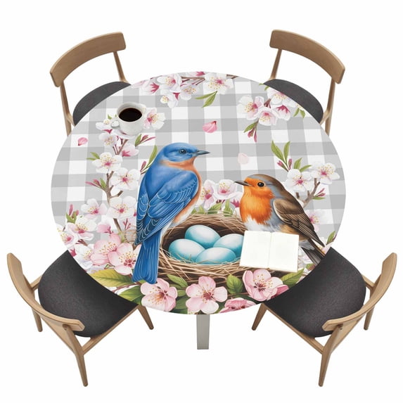 Birds Floral Fitted Tablecloth with Elastic Edged, Round Table Cloth for Dining Table, Farmhouse Country Pink Flower Leaf Grey Plaid Waterproof Oil Proof Table Cover for Indoor Outdoor 45"-54"