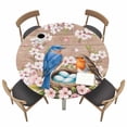 thumbnail image 1 of Birds Floral Fitted Tablecloth with Elastic Edged, Round Table Cloth for Dining Table, Farmhouse Pink Flower Leaf Wood Grain Brown Waterproof Oil Proof Table Cover for Indoor Outdoor 55"-60", 1 of 8