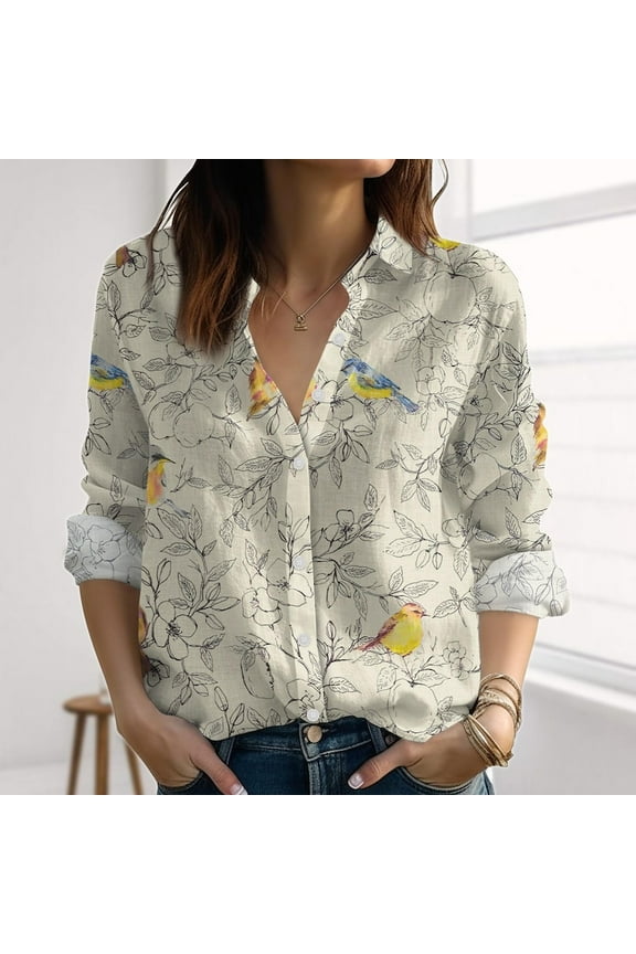 Birds Floral Linen-Look Shirt, Nature Inspired Blouse For Women, Retro Botanical Casual Shirt, Gardening Shirt, Vacation Gift for Her, Button Up Shirt, Blouses Tops Women, Gift for Mother