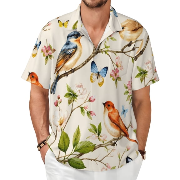 Birds Floral Men's Shirts Short-Sleeved with All-Over Prints Button-Up Shirts