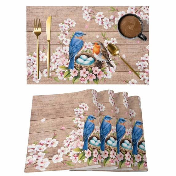 Birds Floral Placemats Set of 12 Farmhouse Pink Flower Leaf Wood Grain Brown Place Mats Indoor Wipeable Table Mats Washable Dining Table Placemats for Kitchen Holiday Party Home Decor 13x19 Inch