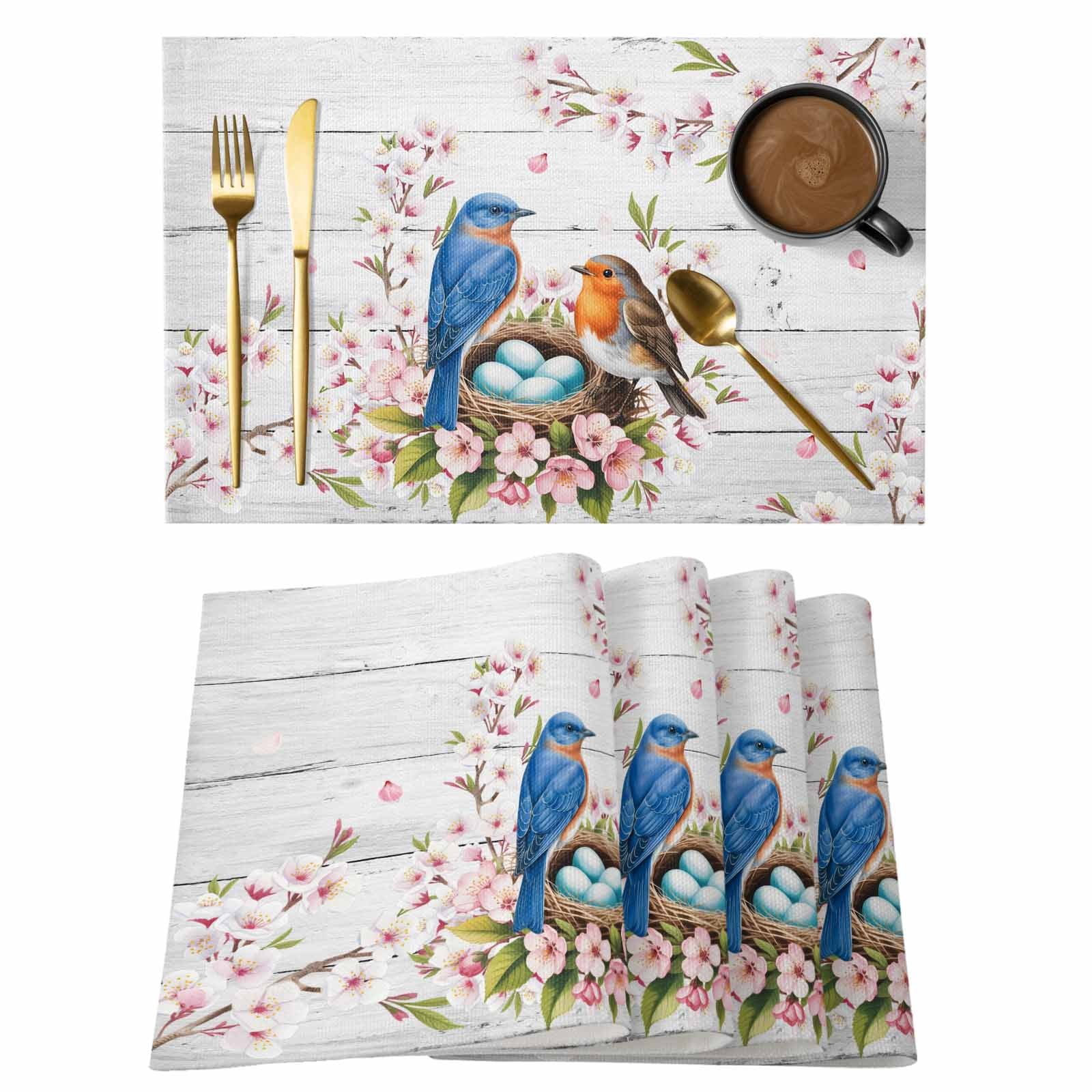 Birds Floral Placemats Set of 6 Farmhouse Country Pink Flower Leaf Wood ...